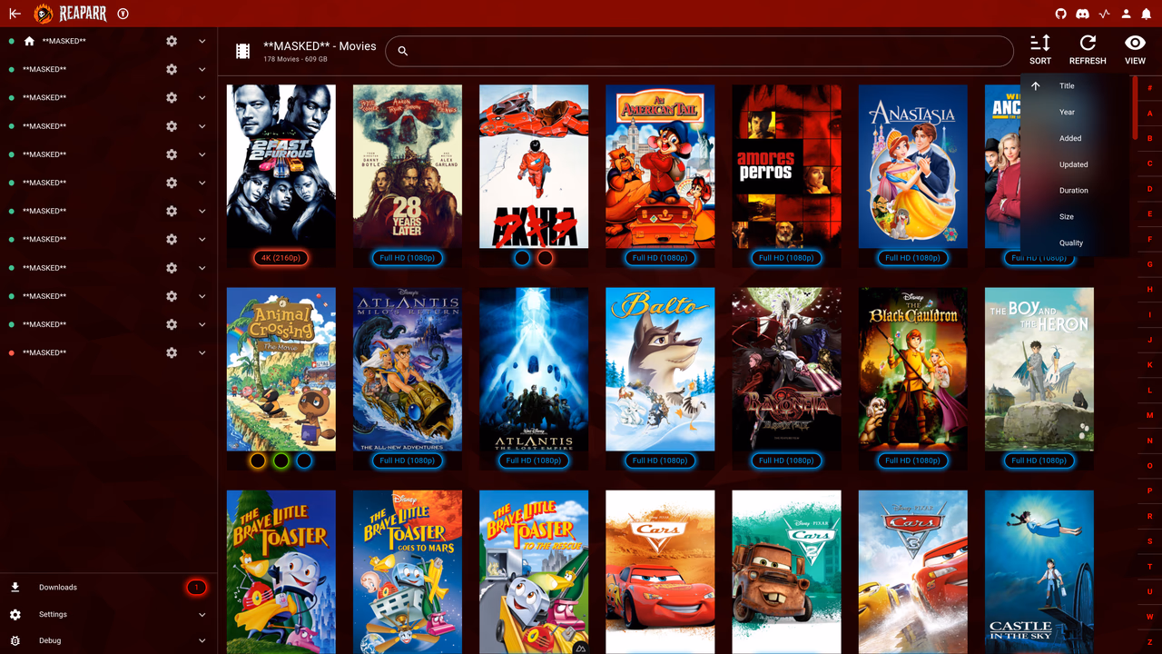 Movies library – sorting menu with sort options