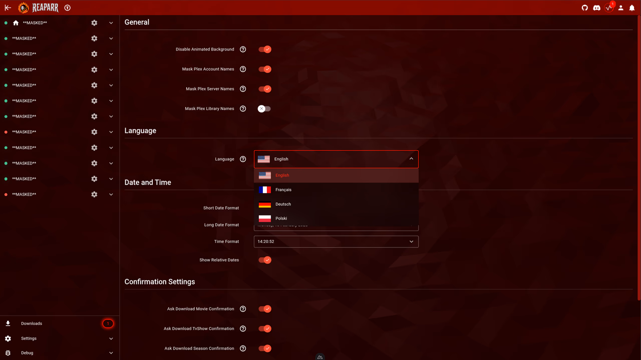 Settings – language select and other general settings overview